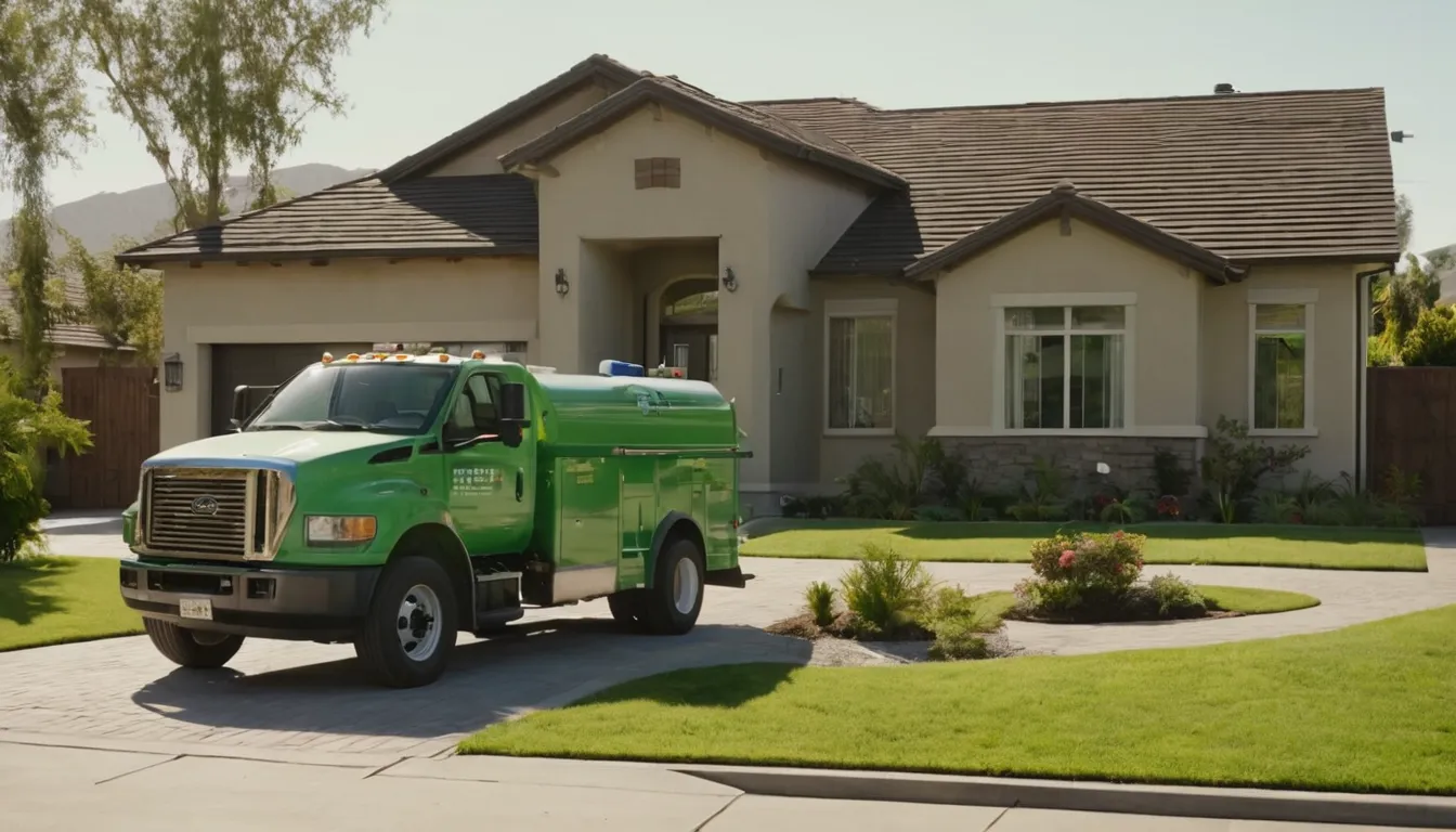 A septic service truck parked outside a stucco ranch home in San Clemente